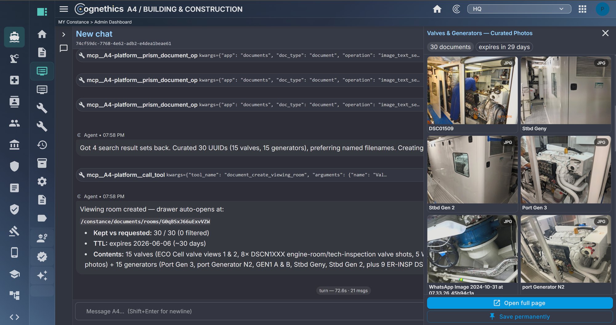 A4 Live Terminal mid-session — agent typing in the terminal with the side-drawer of cited documents slid in alongside